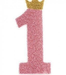 Candelina numero 1 Rosa glitter con corona Oro *